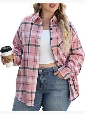 Plus Size Flannel Shirt Long Sleeve Button Down Blouses
